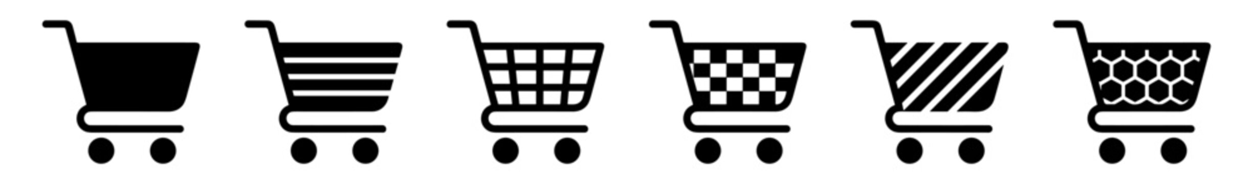 Shopping cart icon set, filled retail trolley and patterned grocery basket collection on transparent background