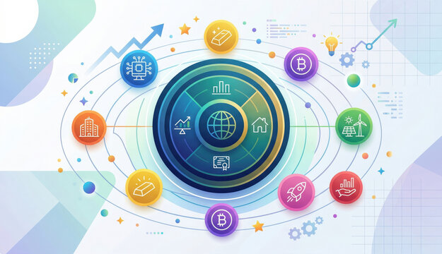 High-tech digital globe with interconnected investment icons like stocks, bonds, crypto, and commodities. Concept of global diversified asset allocation strategy.