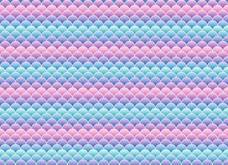 Cute marine pattern. Mermaid seamless background. Reptile skin backdrop with gradient. Purple pink blue print. Fish scale texture. Vector illustration. Retro sea wrapping paper. © Iryna
