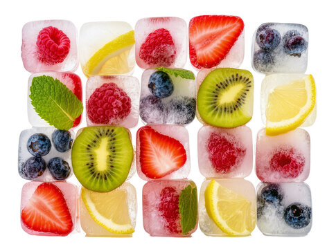 Isolated refreshing ice cubes featuring a colorful assortment of berries, kiwi, lemon, and mint