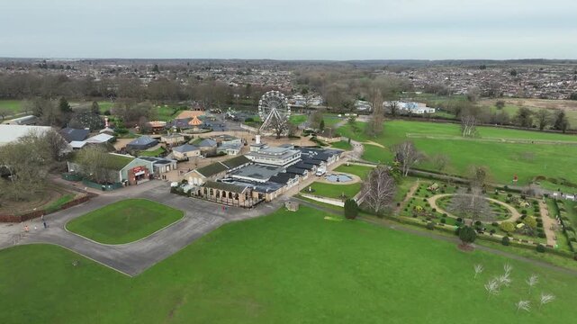Aerial View of Wicksteed Park Visitor Buildings and Formal Gardens in Kettering UK