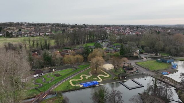 Aerial Winter View of Wicksteed Park Mini Golf and Lake in Kettering Northamptonshire UK