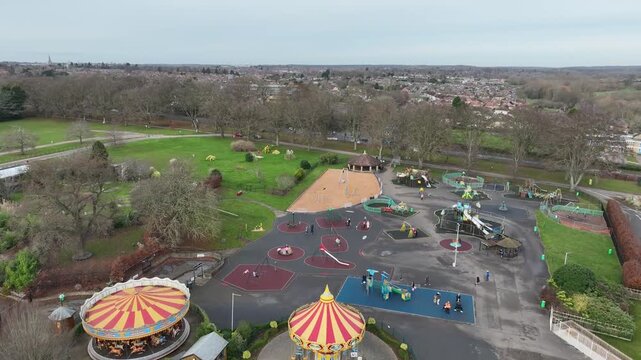 Aerial Drone View of Wicksteed Park Carousel and Ferris Wheel in Kettering England