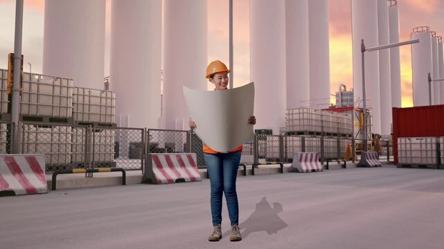 Full Body Of Asian Female Engineer With Safety Helmet Looking At Blueprint In Her Hands And Looking Around While Standing at Storage Facility with IBC Totes, Large Silos at Sunset