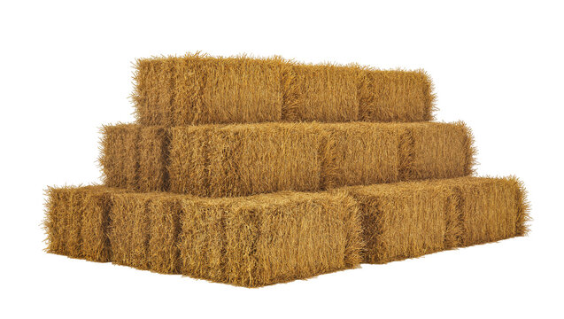 Isolated stack of dry golden hay bales for farm agriculture and rustic season harvest