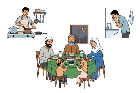 Muslim family gathering for meal with cooking and wudu illustrations