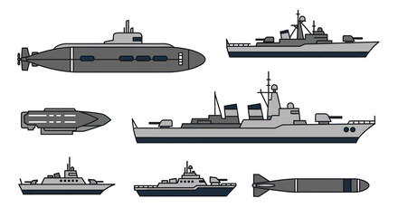 Naval warship and submarine icon set on white background © Angela