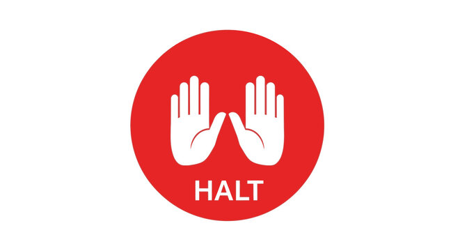 Halt sign icon with white hands on red circle background