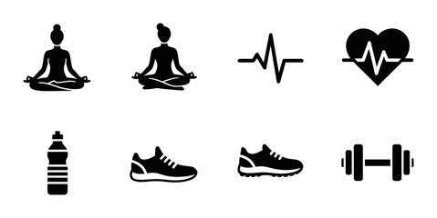 Obraz premium Fitness and wellness icon set including yoga, heartbeat, sneakers and dumbbell, white background