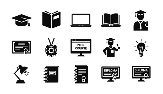 Education icon set solid glyph style for online learning and graduation, white background