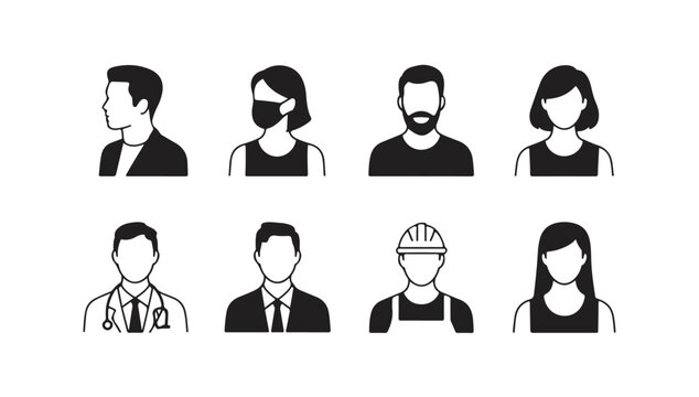 Set of black people avatars with different professions and styles for professional user profiles.