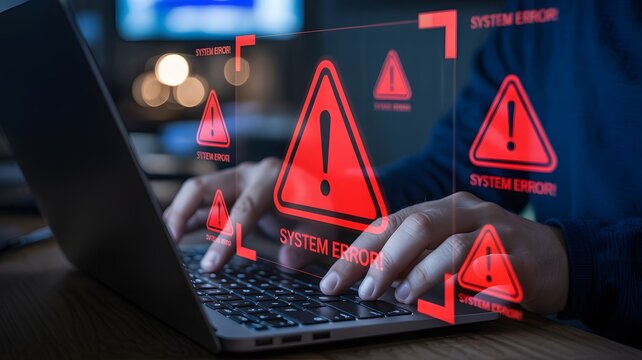 Working on laptop, user encounters multiple 'system error' warnings, indicating data security risk.