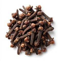 Obraz premium Dried cloves spice arranged in a neat pile on a white background, showcasing rich textures and details under soft natural lighting for food editorial photography