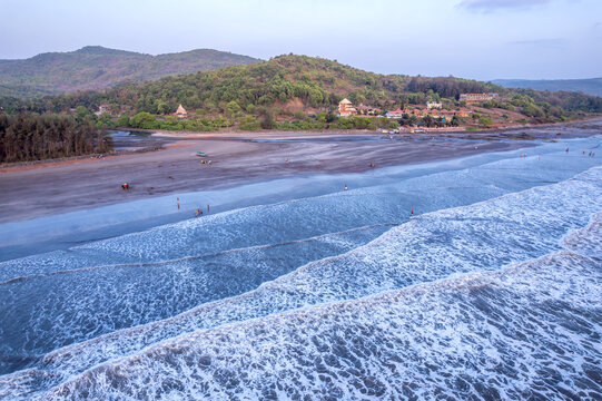 A stunning aerial drone view of Dapoli Beach along the Konkan coastline in Ratnagiri district, Maharashtra, India.