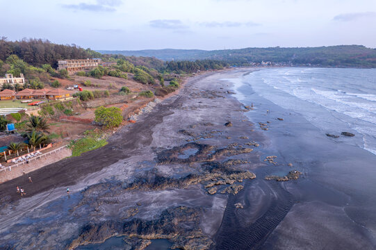 A stunning aerial drone view of Dapoli Beach along the Konkan coastline in Ratnagiri district, Maharashtra, India.