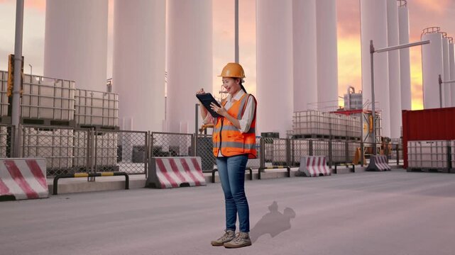 Full Body Side View Of Asian Female Engineer With Safety Helmet Taking Note On The Tablet And Looking Around While Standing at Storage Facility with IBC Totes, Large Silos at Sunset