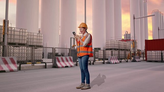 Full Body Side View Of Asian Female Engineer With Safety Helmet Using Smartphone And Looking Around While Standing at Storage Facility with IBC Totes, Large Silos at Sunset