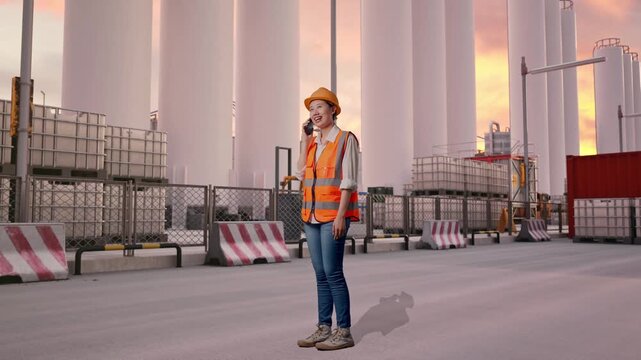 Full Body Side View Of Asian Female Engineer With Safety Helmet Talking On Smartphone While Standing at Storage Facility with IBC Totes, Large Silos at Sunset