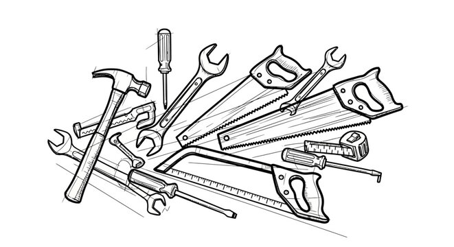 Sketch of various construction tools, including hammers, saws, screwdrivers, wrenches, and measuring tape, in a stylized drawing