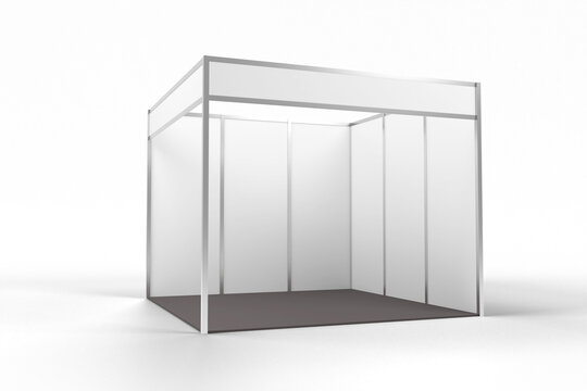 White blank indoor trade exhibition booth standard stand for presentation in perspective isolated on background 3d rendering