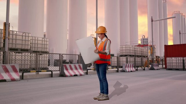 Full Body Side View Of Asian Female Engineer With Safety Helmet Looking At Blueprint In Her Hands And Looking Around While Standing at Storage Facility with IBC Totes, Large Silos at Sunset