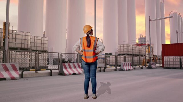Full Body Back View Of A Female Engineer Wearing Safety Helmet Looking Around While Standing With Arms Akimbo at Storage Facility with IBC Totes, Large Silos at Sunset