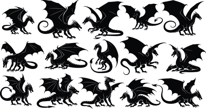Dragon Silhouette Illustration Set with Various Poses and Wing Designs for Fantasy, Mythology, and Creature Artwork