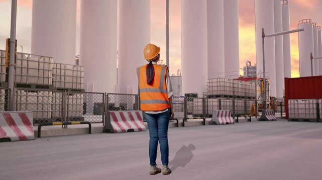 Full Body Back View Of Asian Female Engineer With Safety Helmet Talking On Smartphone While Standing at Storage Facility with IBC Totes, Large Silos at Sunset