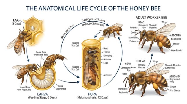 Anatomical Life Cycle of the Honey Bee Chart Showing Egg on Comb Wall, Feeding Larva, Enclosed Pupa and Sequential Adult Worker Views with Labeled Head, Thorax and Abdomen Structures to Explain Metamo