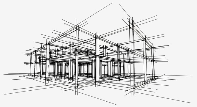 Conceptual hand-drawn wireframe rendering of a contemporary building structure, illustrating an engineering blueprint perspective for architectural design