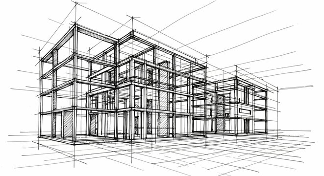 Dynamic conceptual architectural sketch illustrating the intricate framework of a modern multi-story urban building, showcasing structural design and visionary urban planning principles