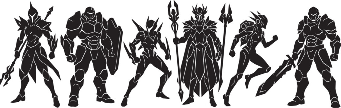 Fantasy warrior silhouettes set, black knight and paladin character vector collection, medieval rpg hero figures with swords and armor