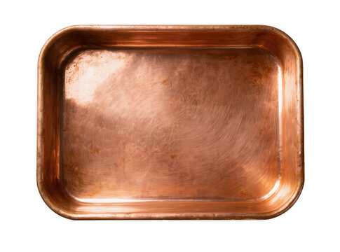 Isolated vintage rectangular copper baking pan with visible scratches and rustic patina