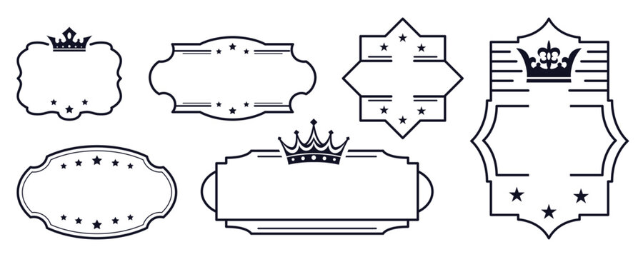 Blank label frame set featuring ornate decorative borders with crown star and crest elements including vintage ribbon designs for luxury branding and elegant product packaging templates