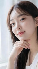 Fototapeta premium 顎の下に手を添えて微笑むナチュラルネイルの若い女性