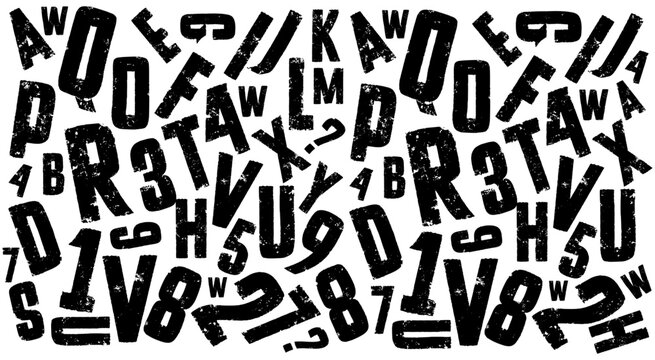 Alphabet and numbers grunge pattern featuring scattered distressed letters and digits in a chaotic collage layout with weathered texture for urban streetwear and poster background design