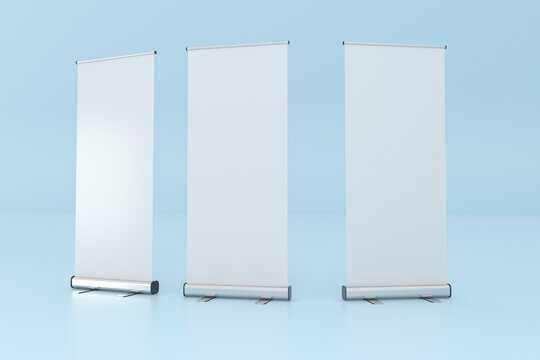 Blank roll-up banner display for advertising and presentations 3d rendering