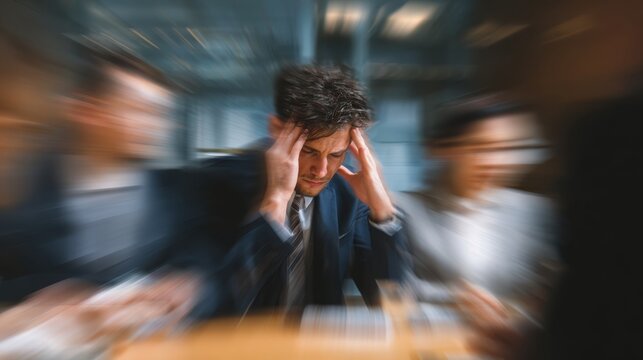 Stress, migraine and motion blur with a business man in a meeting feeling frustrated, tired or overworked. Mental health, anxiety and headache with an exhausted male employee suffering from fatigue