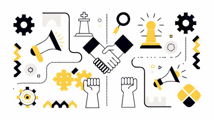 business and communication themed illustrations featuring gears hands and chess pieces in a flat style high quality professional © Riya