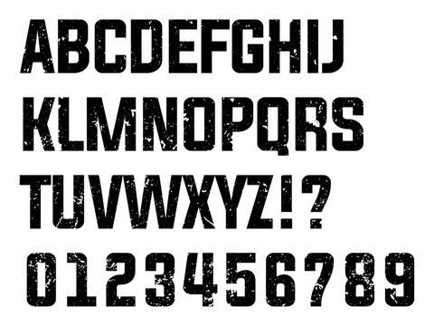 Alphabet and numbers grunge pattern featuring distressed bold sans serif letters and numeric set for urban streetwear design, industrial typography, and rough vector graphic elements.