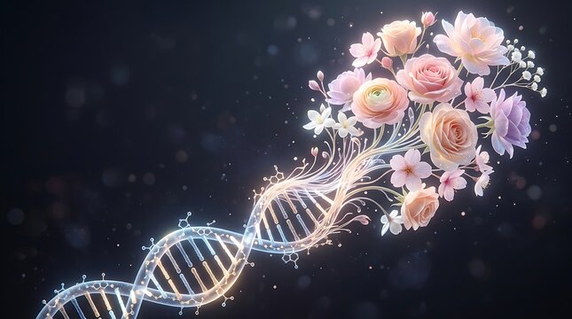 DNA helix intertwined with blooming flowers and glowing particles double helix genetics