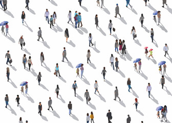 Isometric illustration of a large crowd of people walking on a white background top down view high quality © Riya