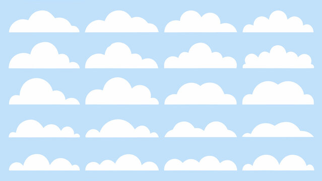 Flat cloud pattern on light blue background repeating whimsical cloud shapes in a grid arrangement high quality professional