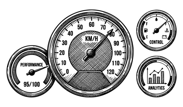 Vintage automobile dashboard gauges set speedometer fuel performance and analytics