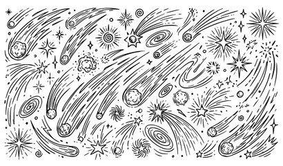 Black and white illustration of meteors stars and galaxies © Nirob