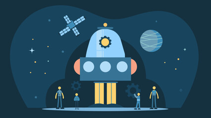 vector illustration of a rocket ship with people and a satellite in space high quality professional detailed modern © Riya
