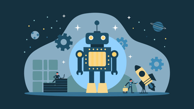 colorful vector illustration of a large robot with people working on space exploration and technology high quality professional