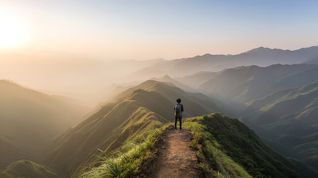 footstep. Lone traveler with backpack on narrow misty mountain trail. tourism brochures, itinerary planners, destination guides, designed for travel destination branding, used by travel agents.
