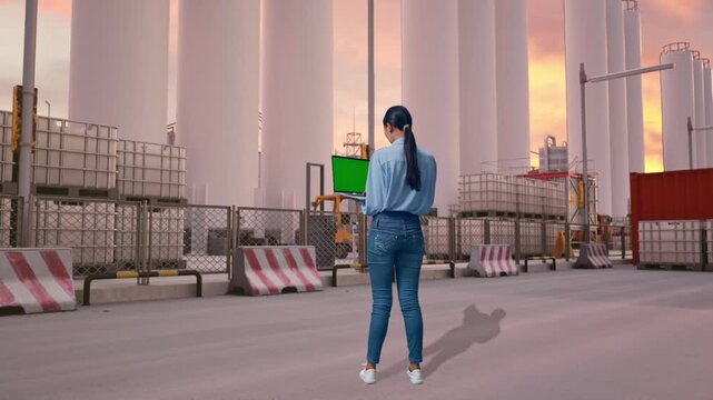 Full Body Back View Of Asian Female at Storage Facility with IBC Totes, Large Silos at Sunset, Typing On Laptop'S Keyboard With Green Screen And Look At Factory