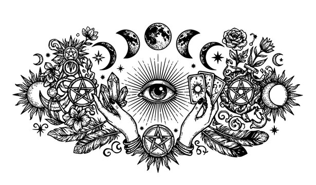 Mystical occult illustration with astrology symbols